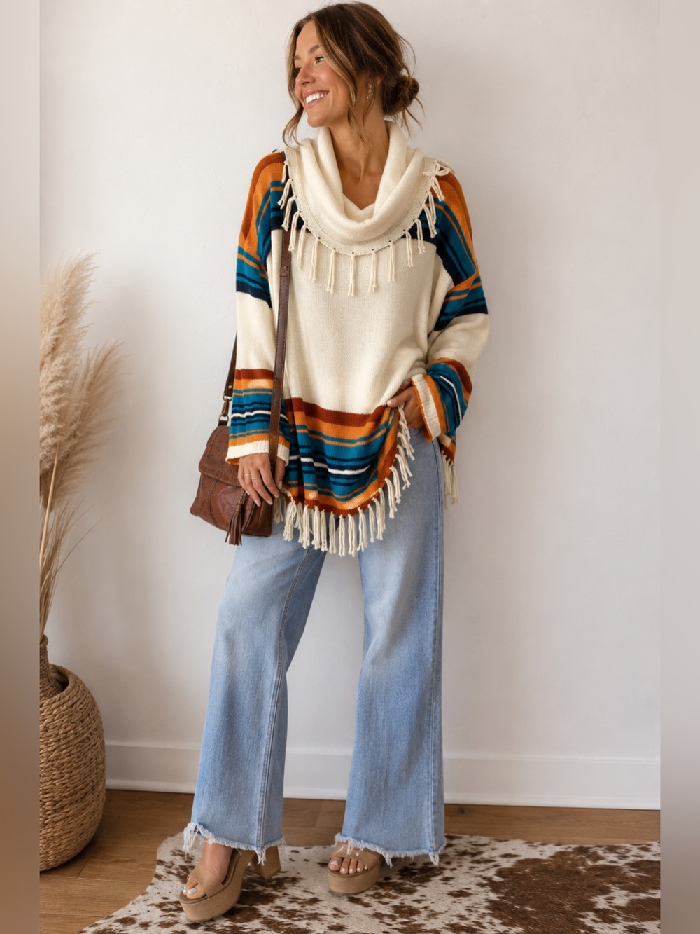 Panhandle Women's NWT Southwestern Fringe Cowl Neck Knit Sweater XXL